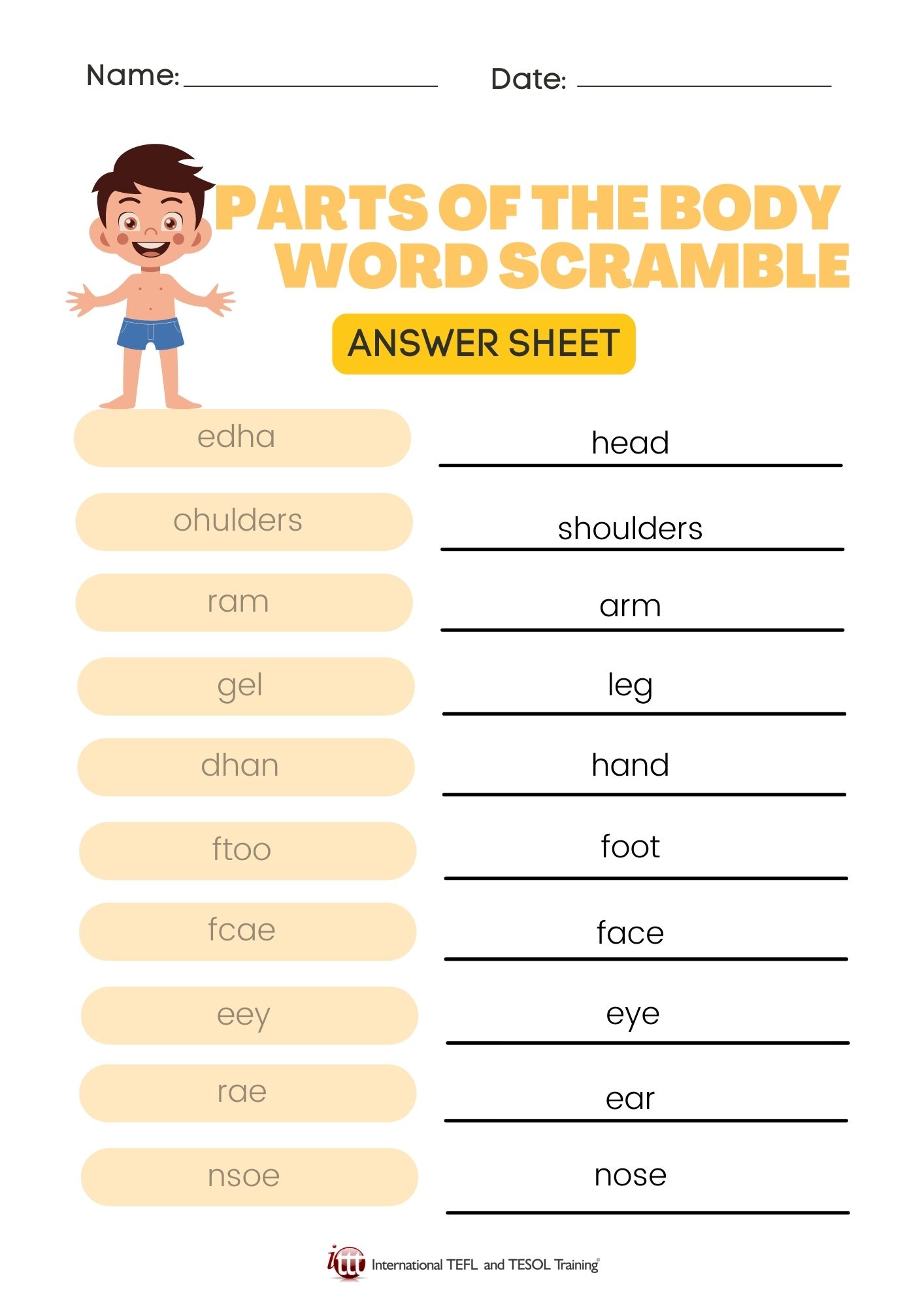 Parts of the Body EFL Word Scramble ️ ️ ️ ITTT